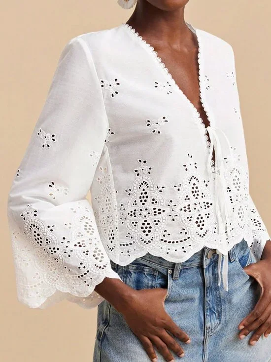 White Casual Women's V Neck Flare Sleeves Blouse - Picture 4 of 10